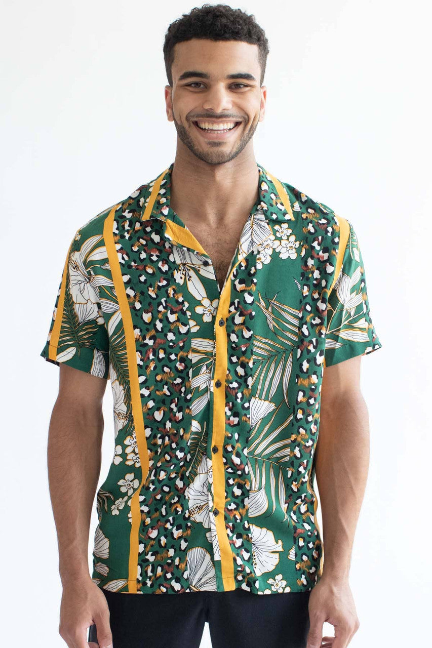 Green Leopard Floral Striped Hawaiian Shirt