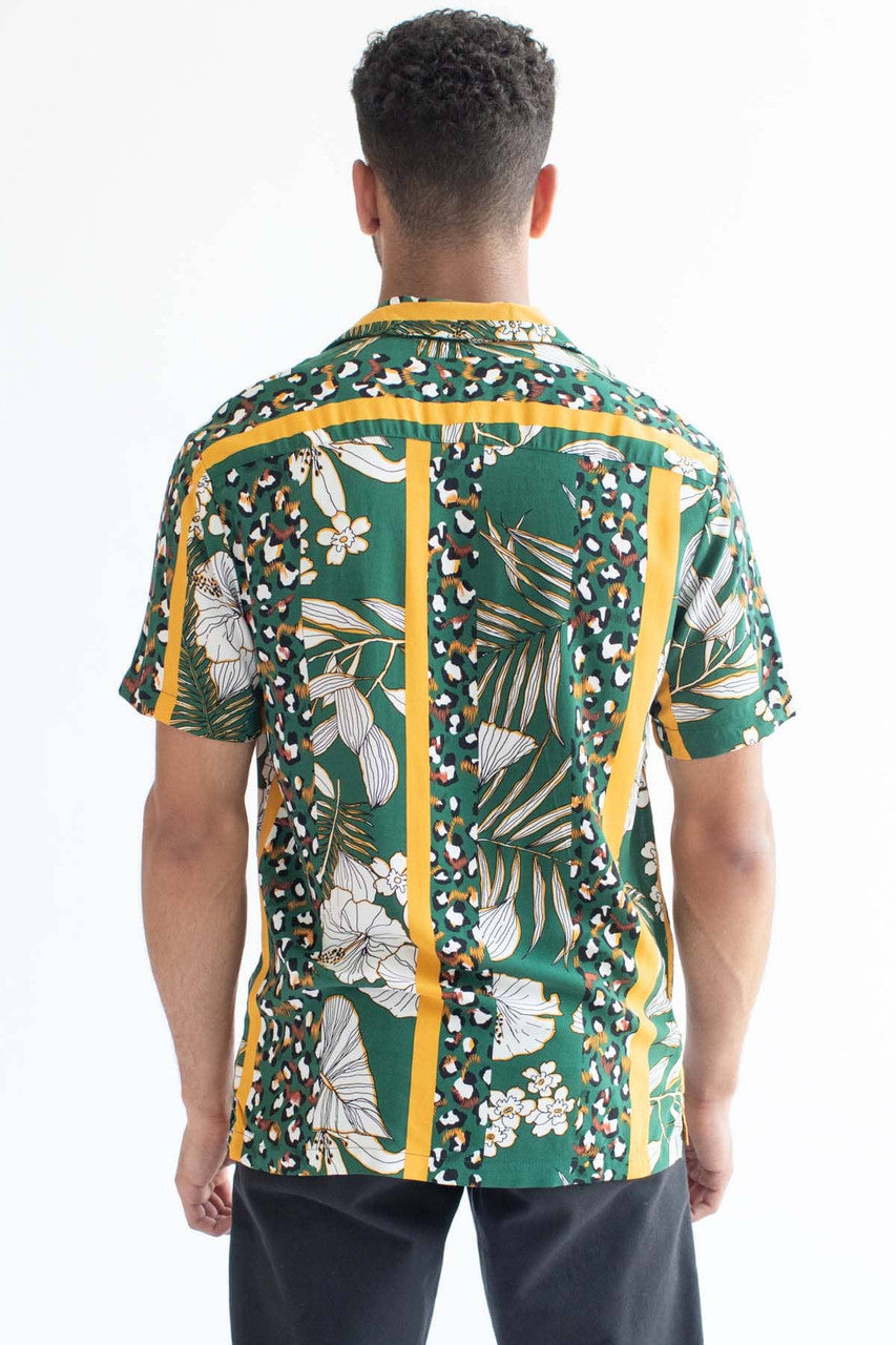 Green Leopard Floral Striped Hawaiian Shirt