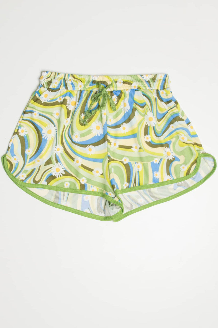 Green Retro Daisy Wave Dolphin Shorts