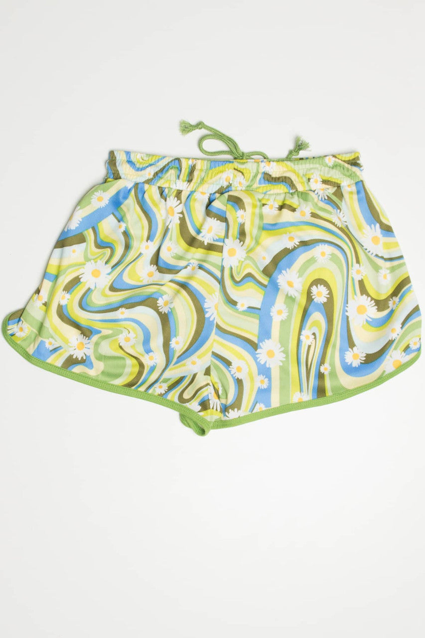 Green Retro Daisy Wave Dolphin Shorts