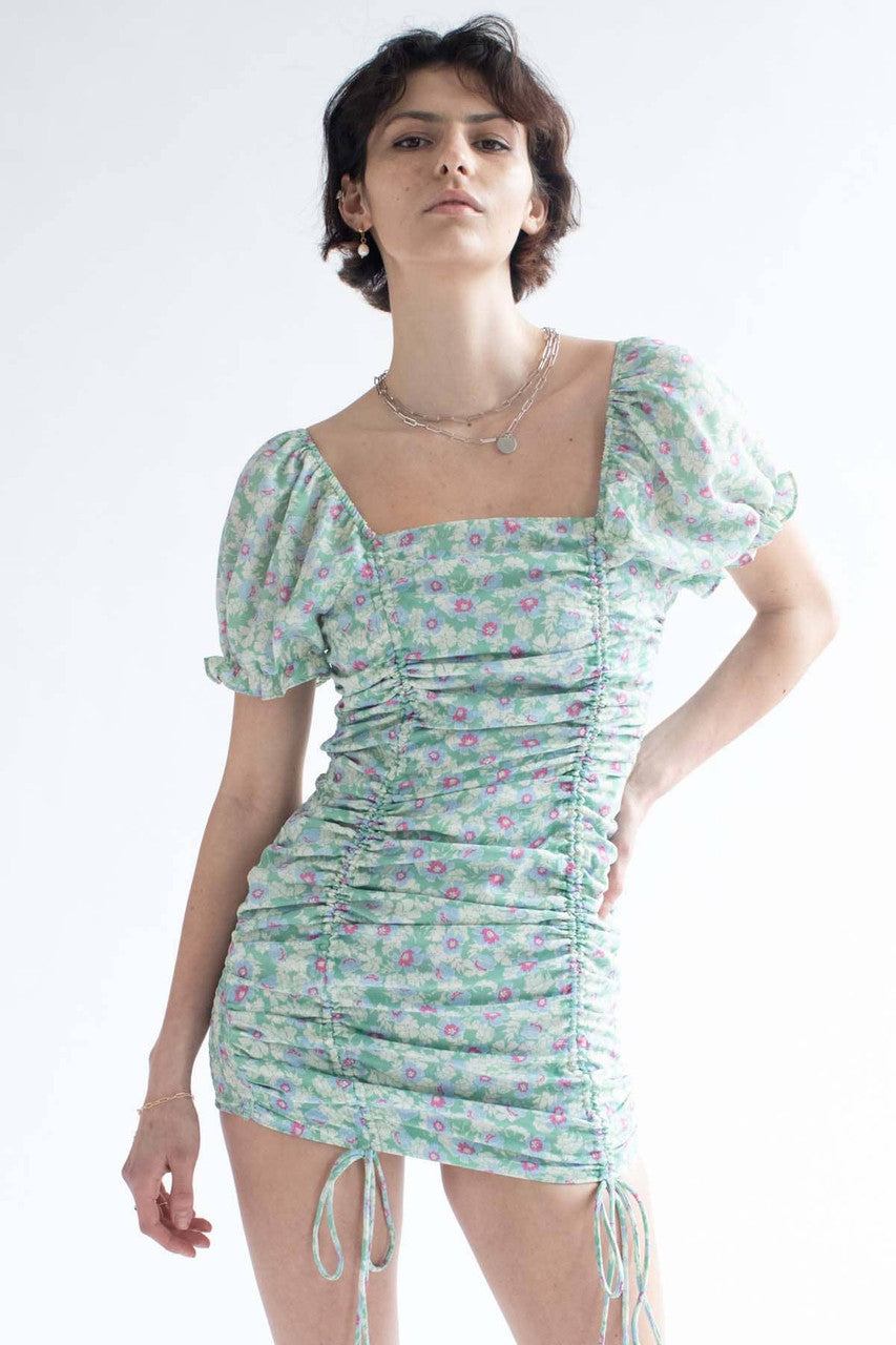 Green Spring Floral Cinched Mini Dress
