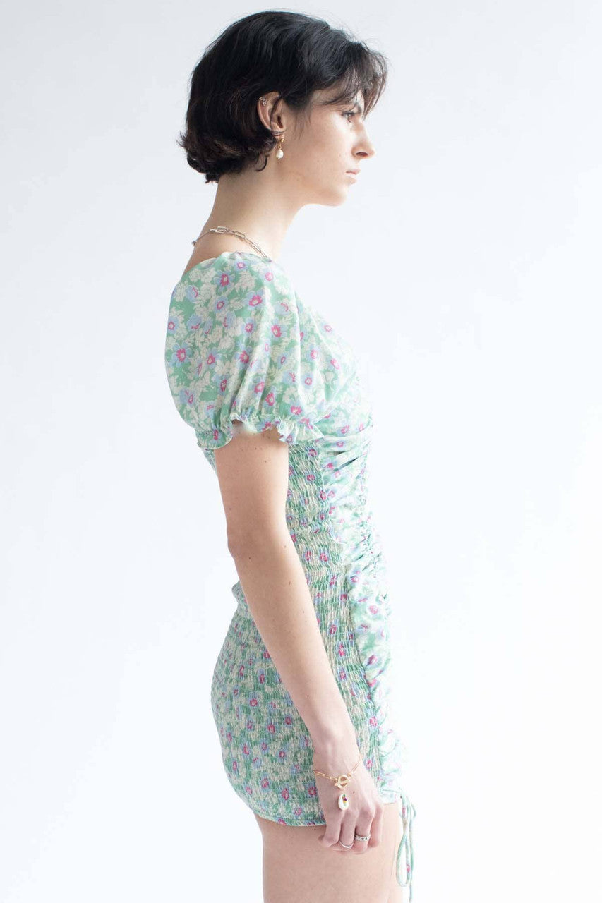 Green Spring Floral Cinched Mini Dress