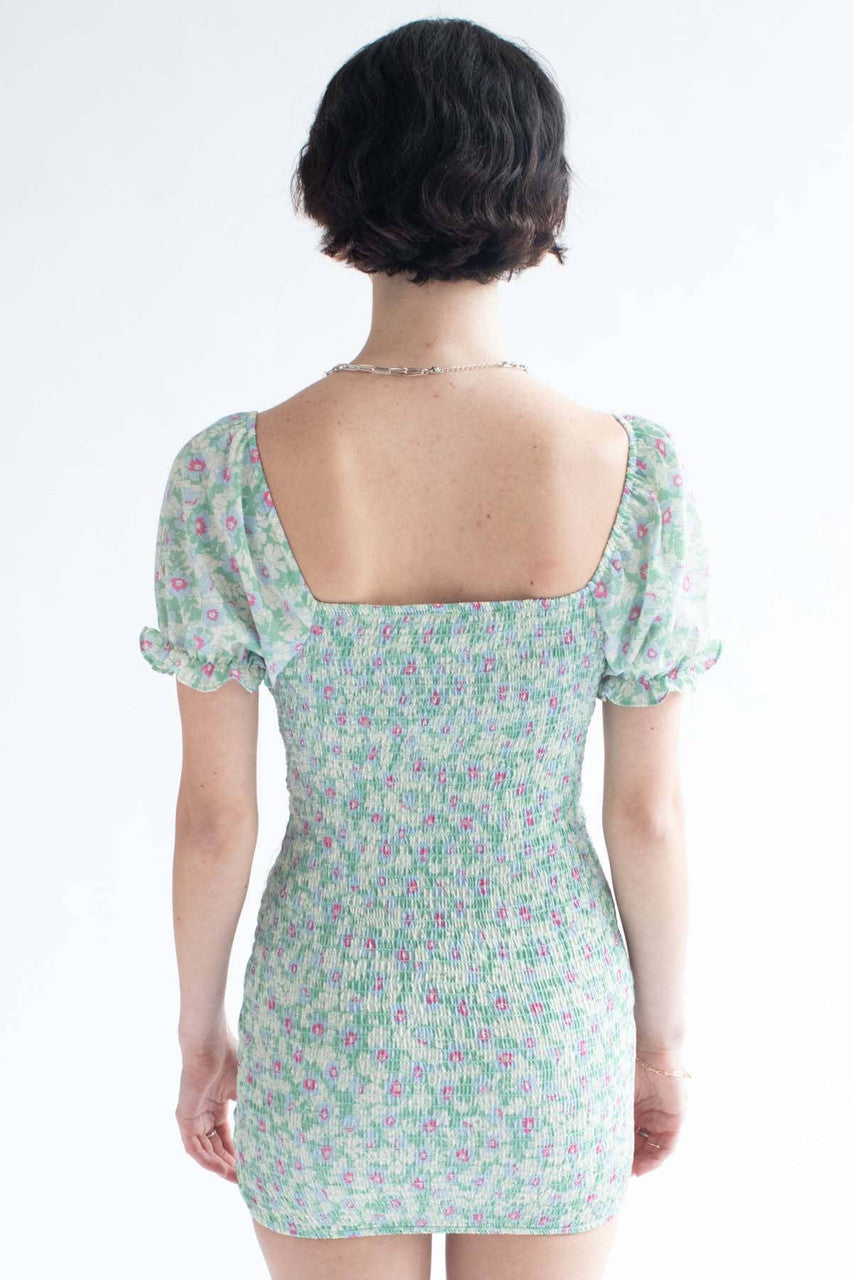 Green Spring Floral Cinched Mini Dress