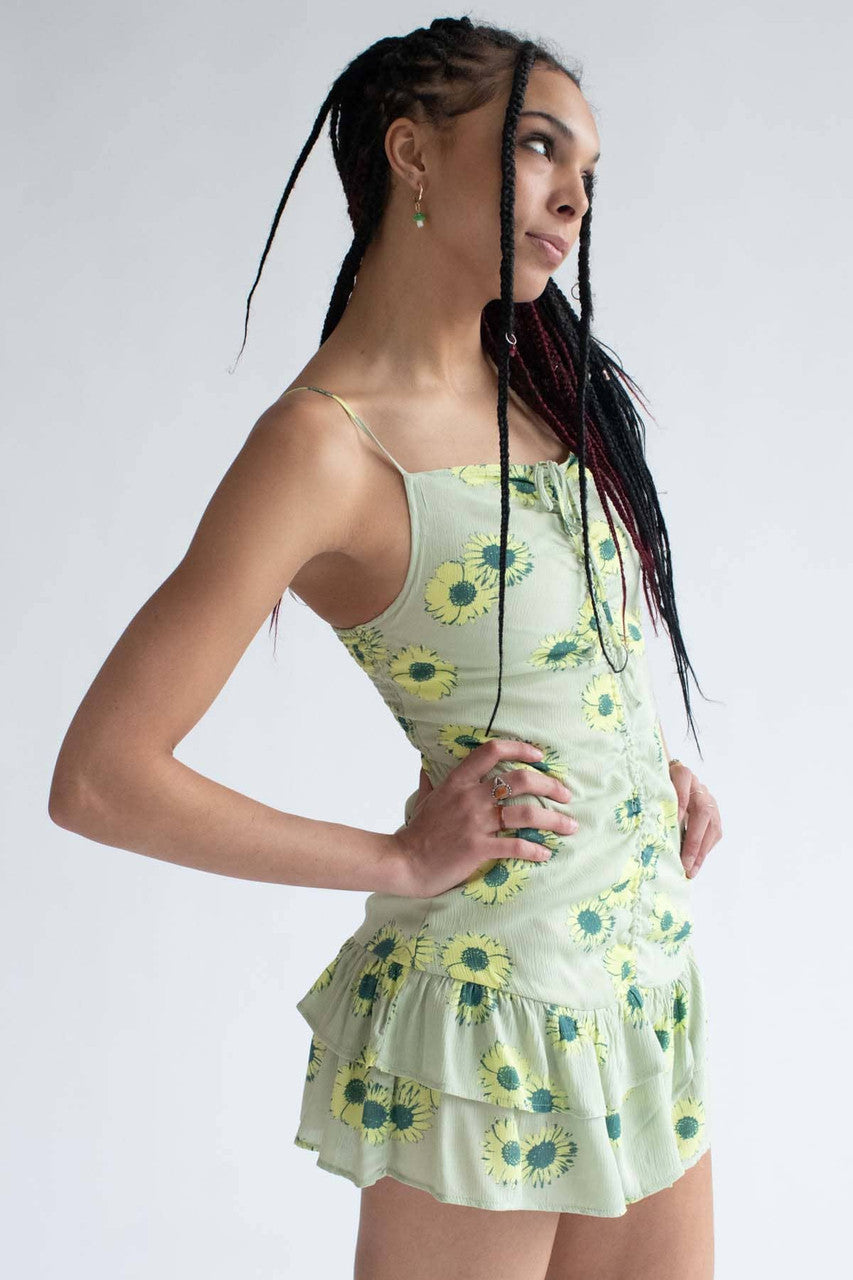 Green Sunflower Cinched Mini Dress