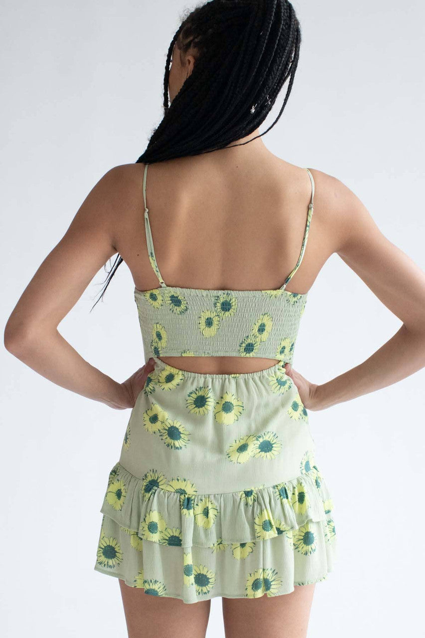 Green Sunflower Cinched Mini Dress