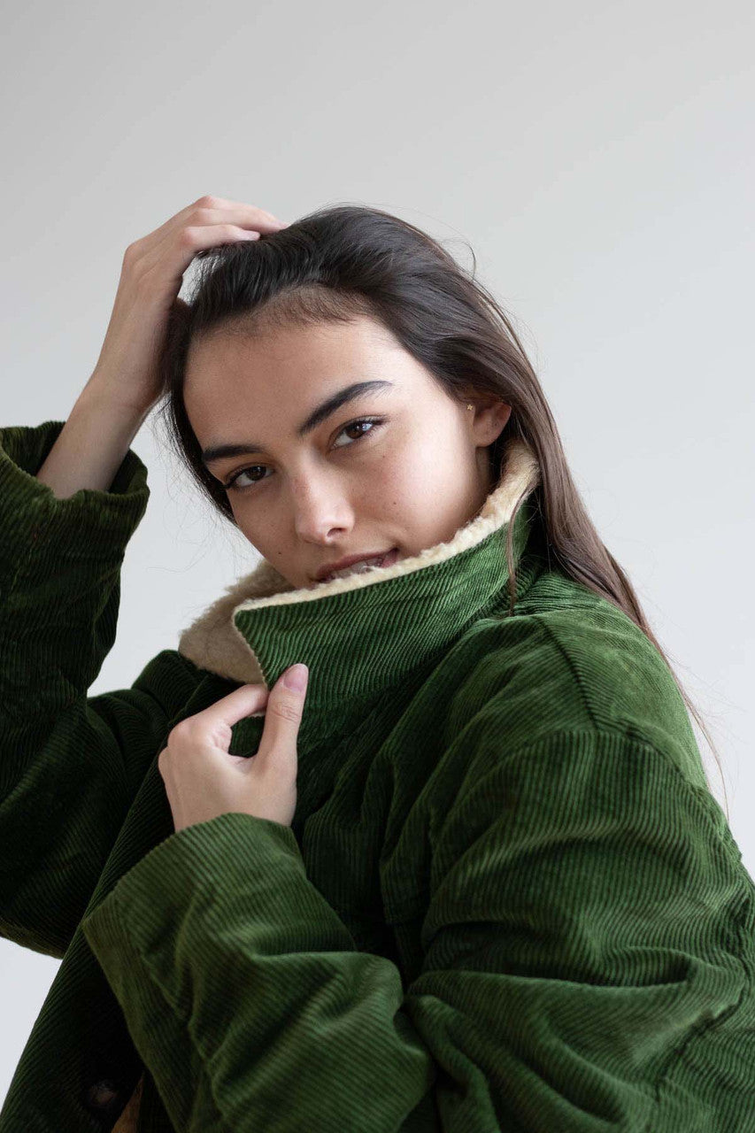 Green Sherpa Lined Corduroy Coat
