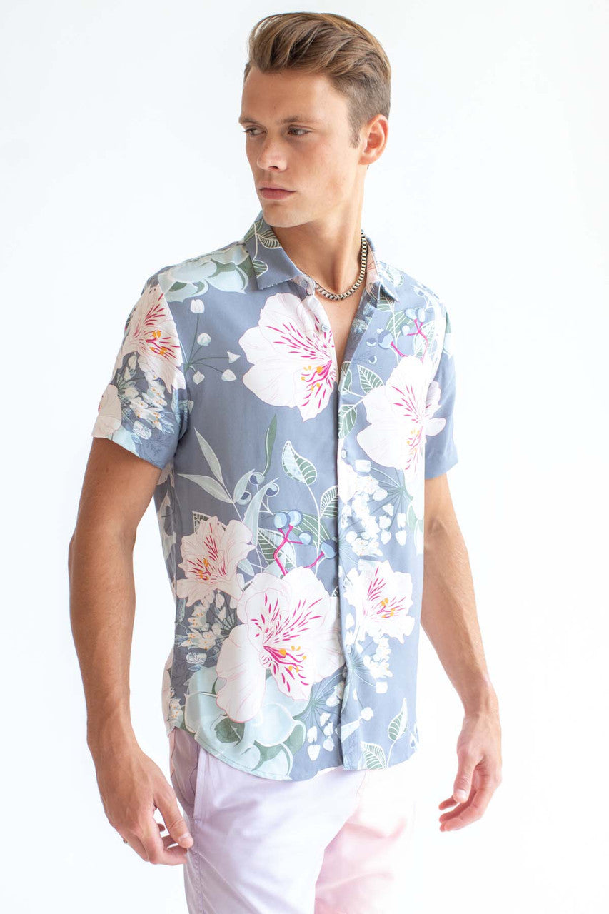 Grey Antique Floral Button Up Shirt
