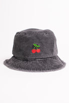 Cherry Embroidered Black Frayed Brim Bucket Hat