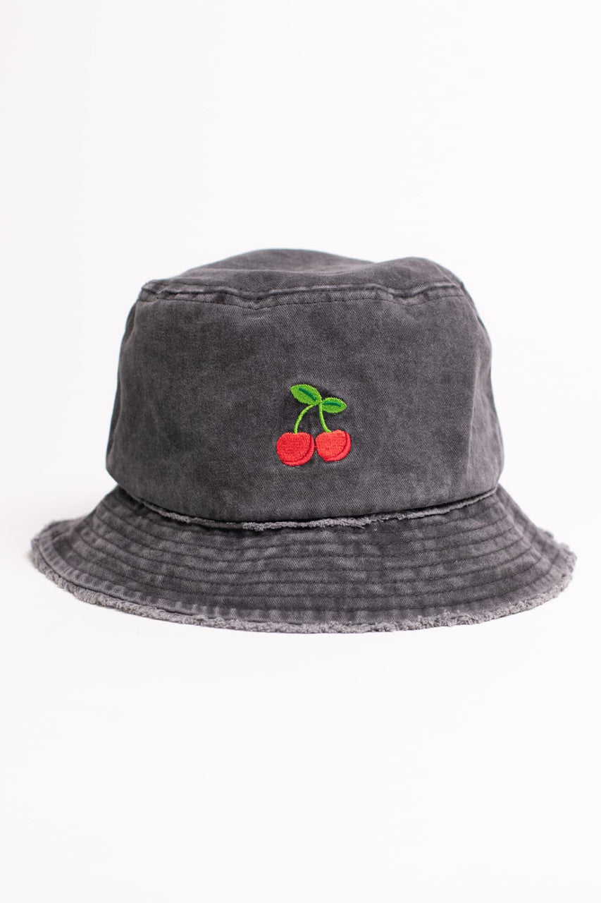Cherry Embroidered Black Frayed Brim Bucket Hat