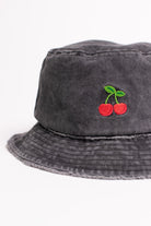 Cherry Embroidered Black Frayed Brim Bucket Hat