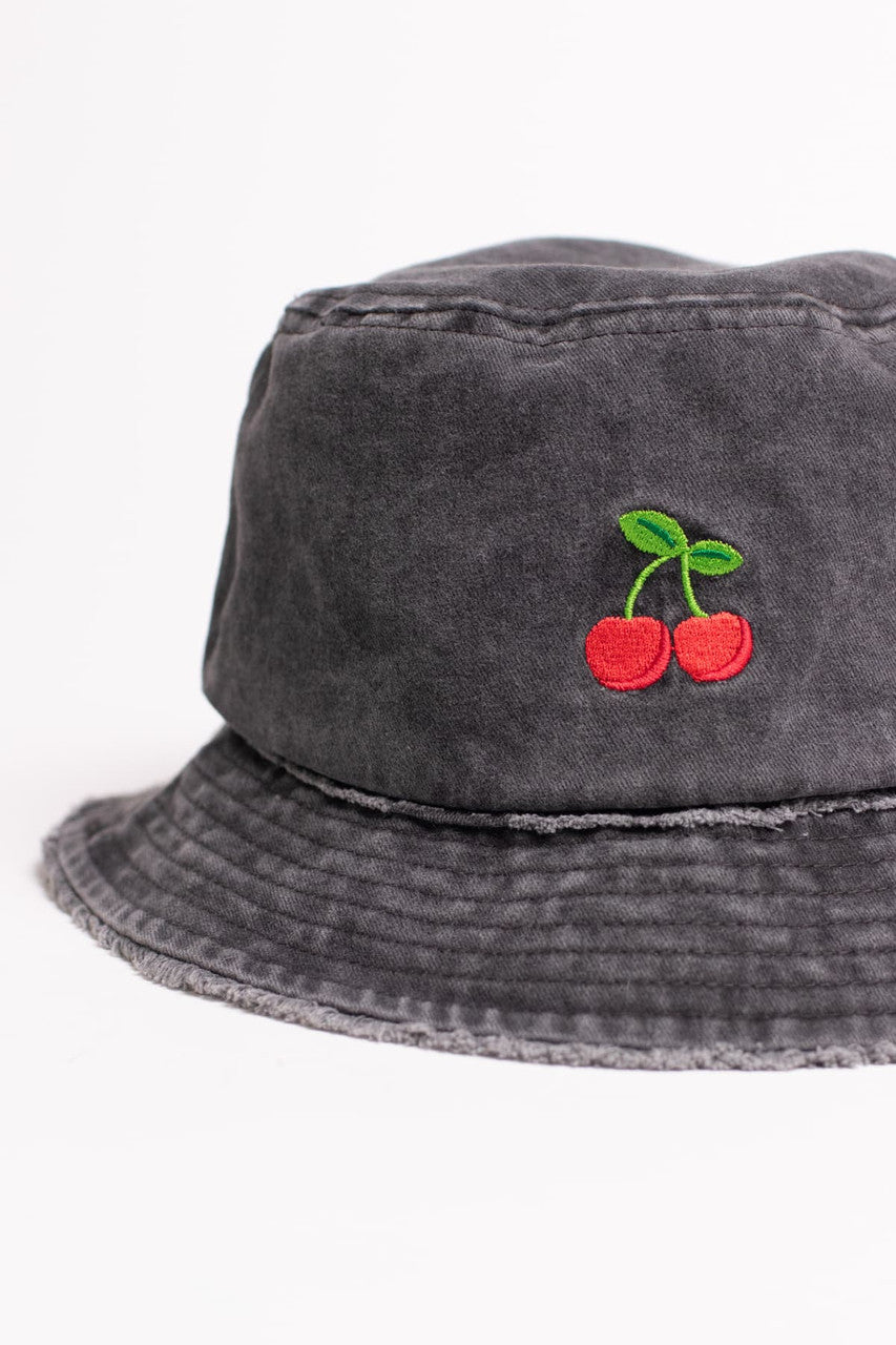 Cherry Embroidered Black Frayed Brim Bucket Hat