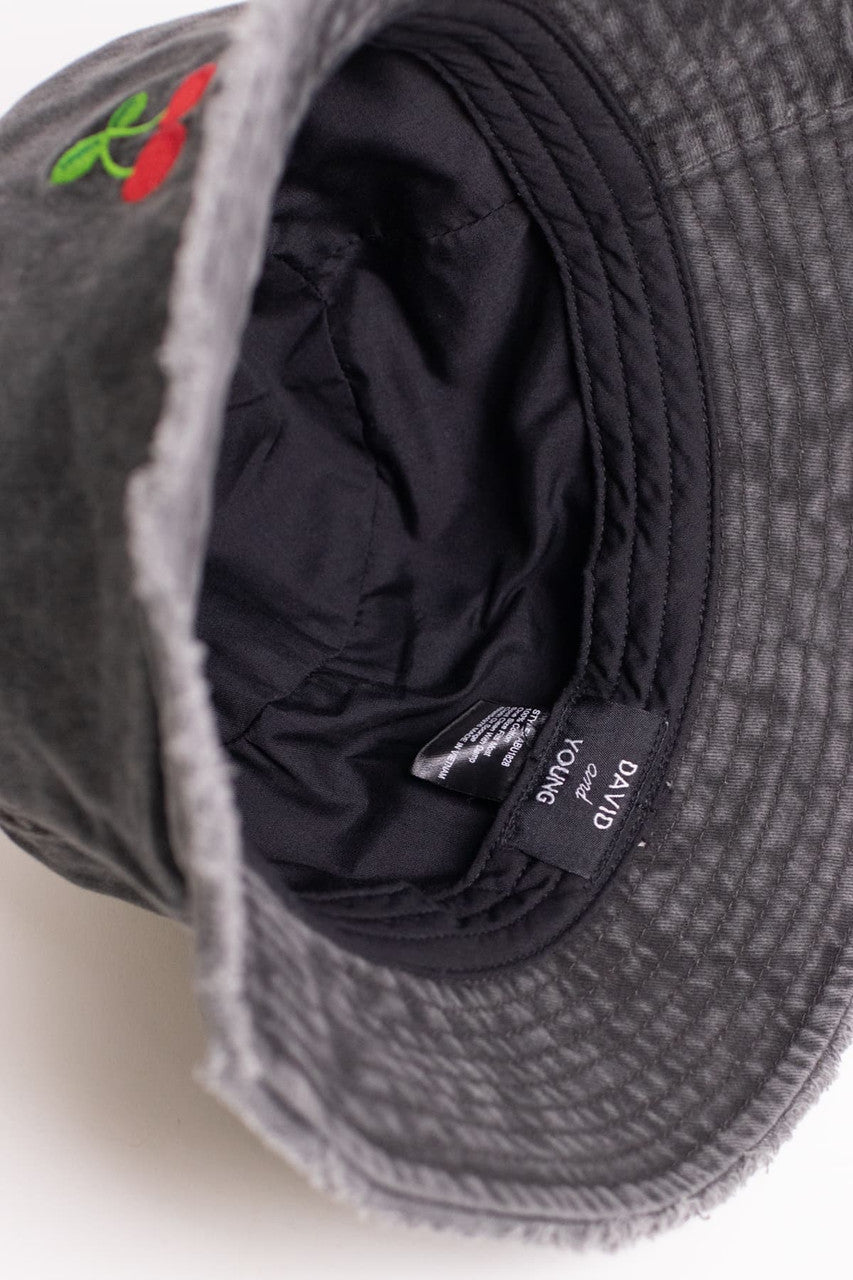 Cherry Embroidered Black Frayed Brim Bucket Hat
