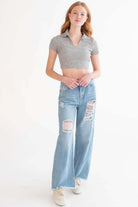 Grey Raw Edge Ribbed Crop Polo