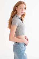 Grey Raw Edge Ribbed Crop Polo