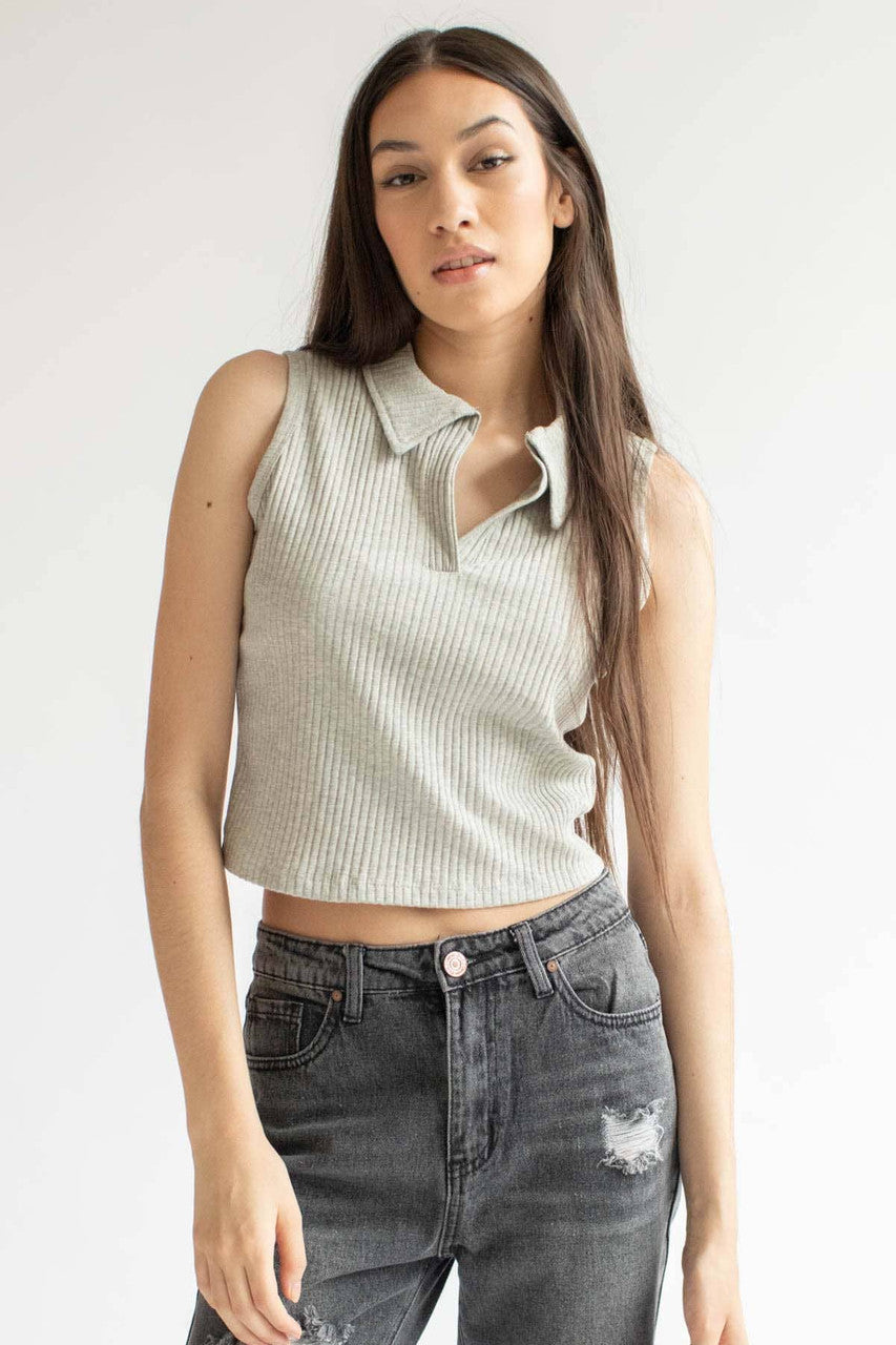Grey Ribbed Sleeveless Polo