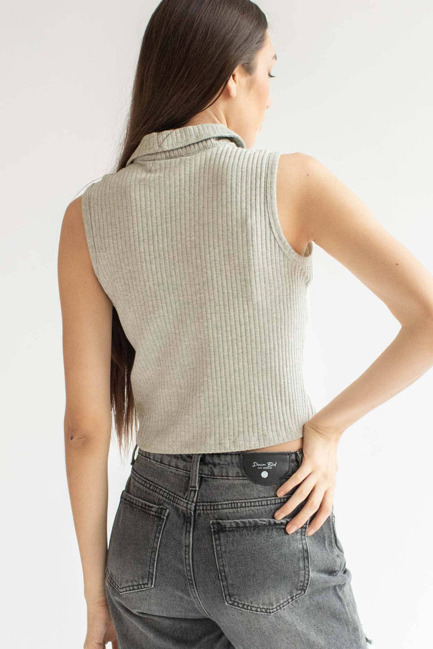 Grey Ribbed Sleeveless Polo