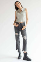 Grey Ribbed Sleeveless Polo