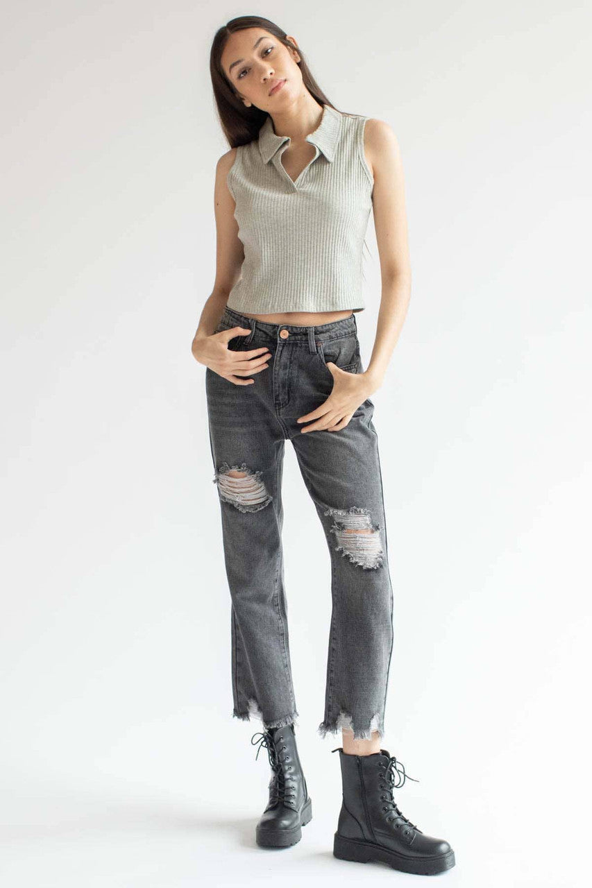 Grey Ribbed Sleeveless Polo