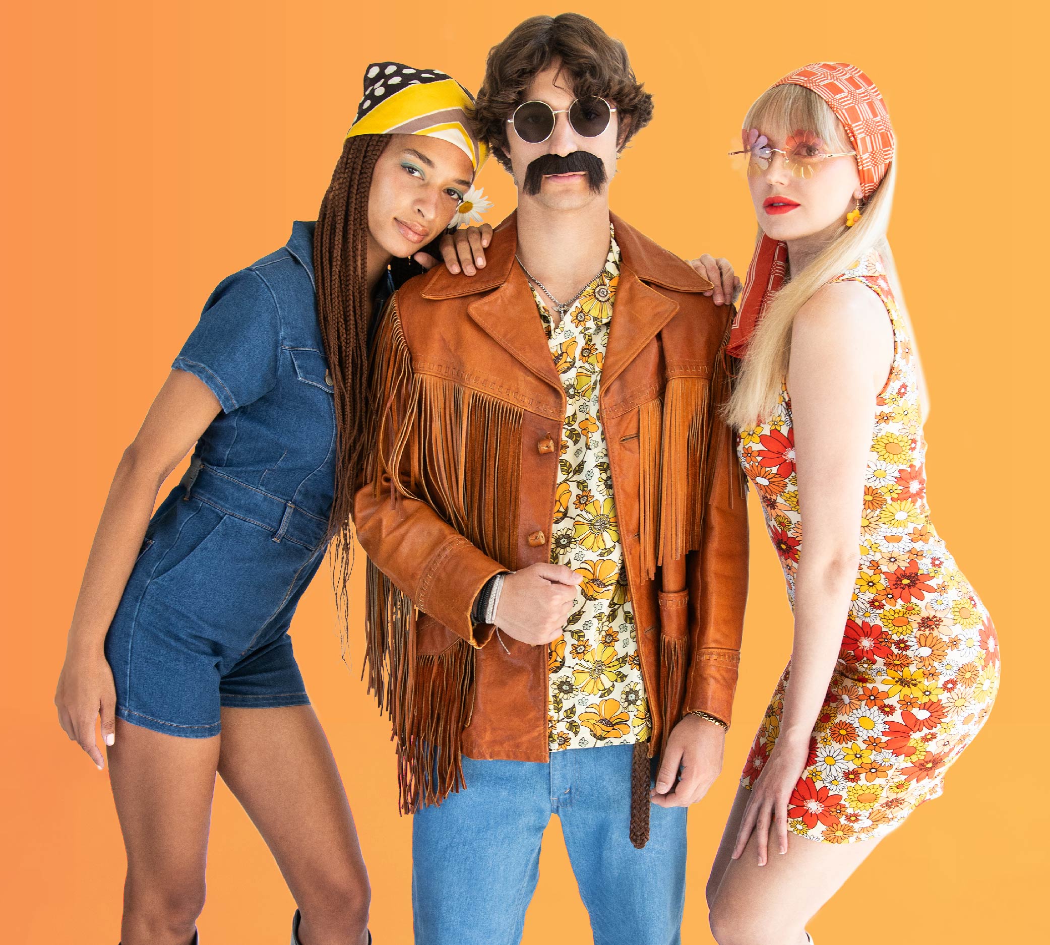 three models wearing 70's inspired costumes 