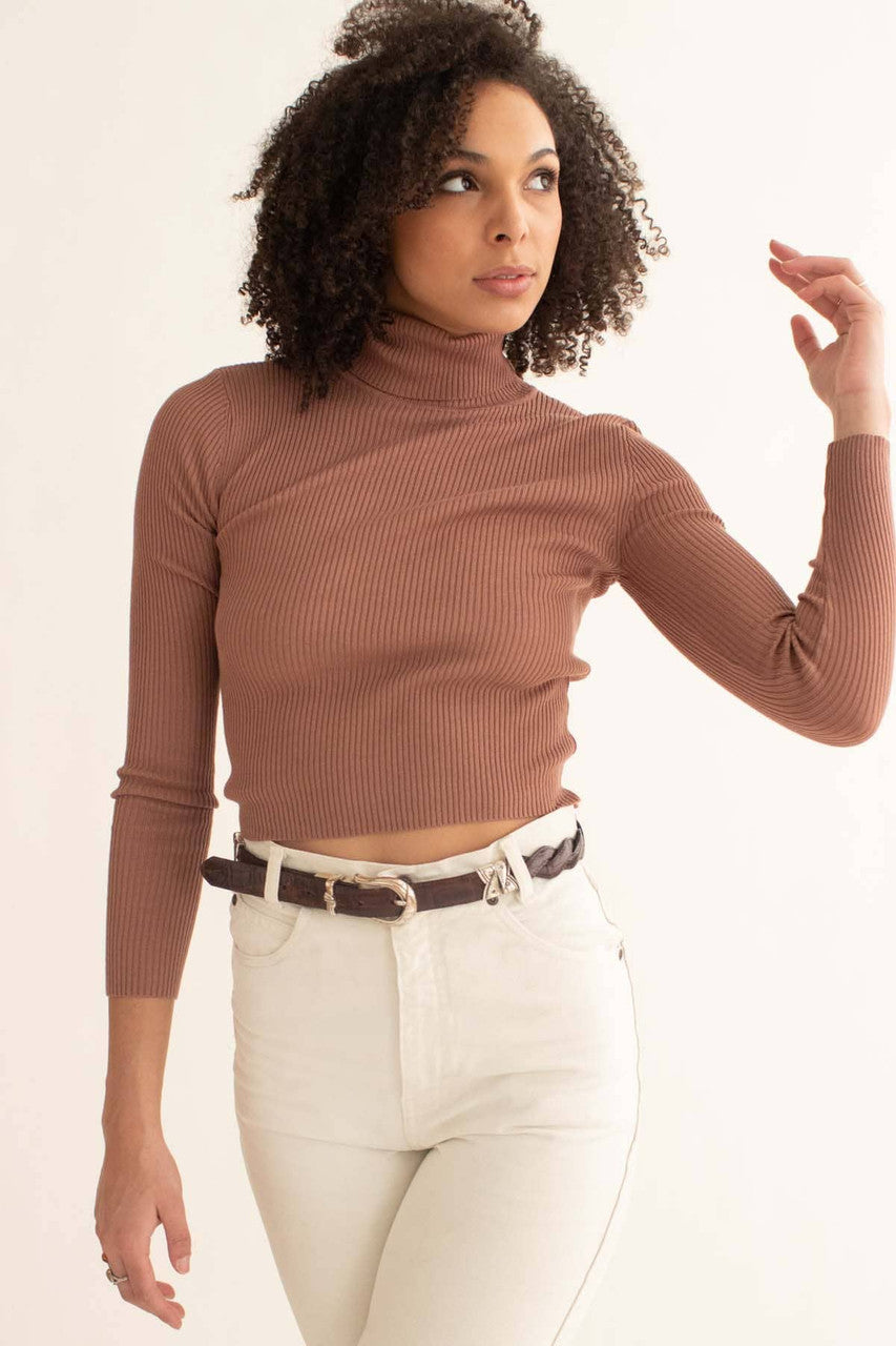 Hazelnut Ribbed Short Turtleneck Sweater