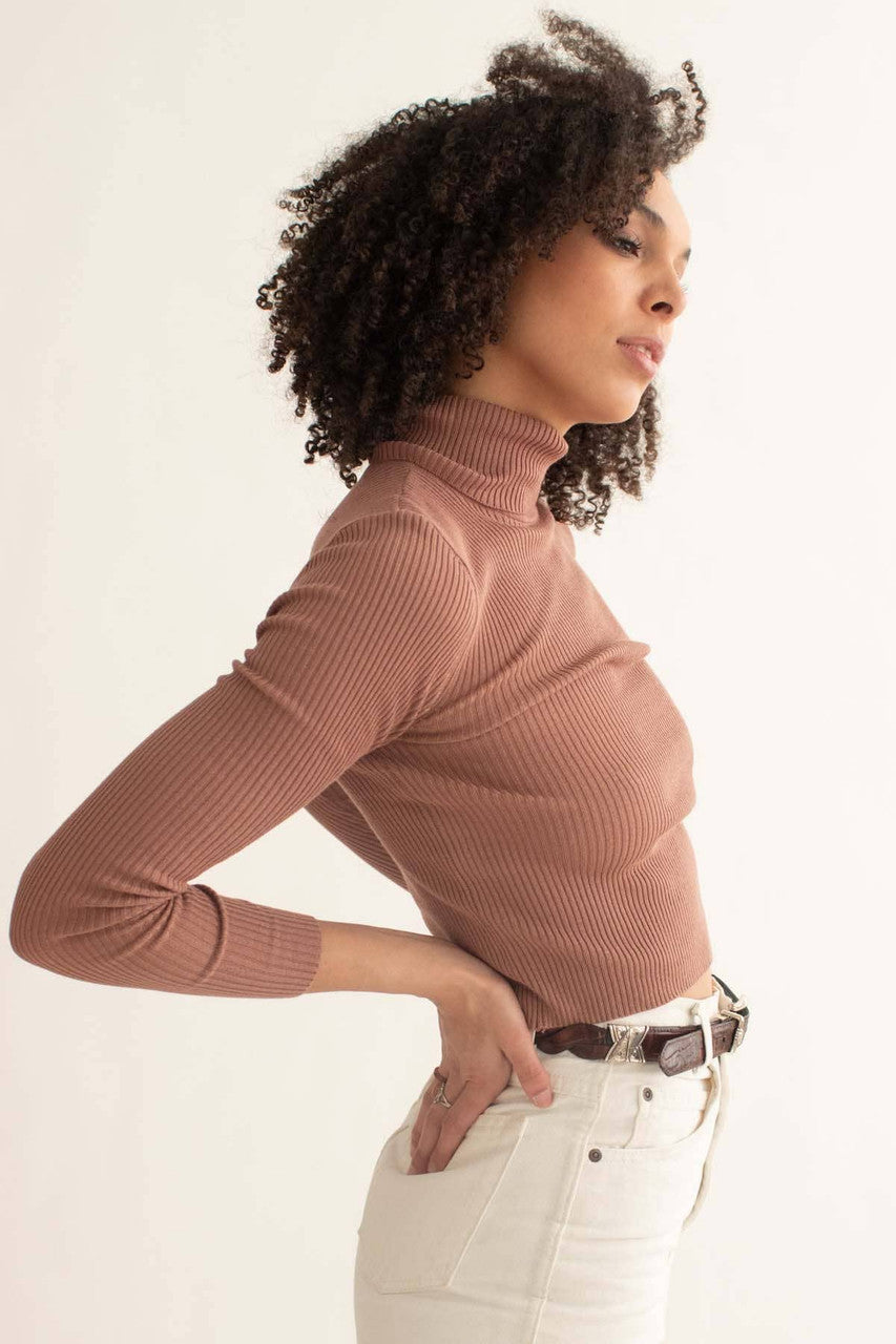 Hazelnut Ribbed Short Turtleneck Sweater