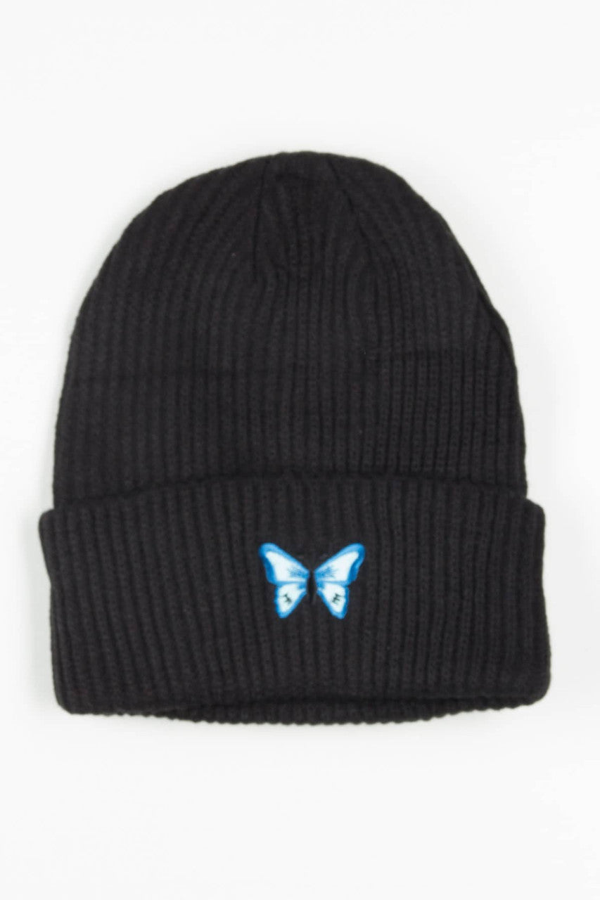 Butterfly Embroidered Black Beanie