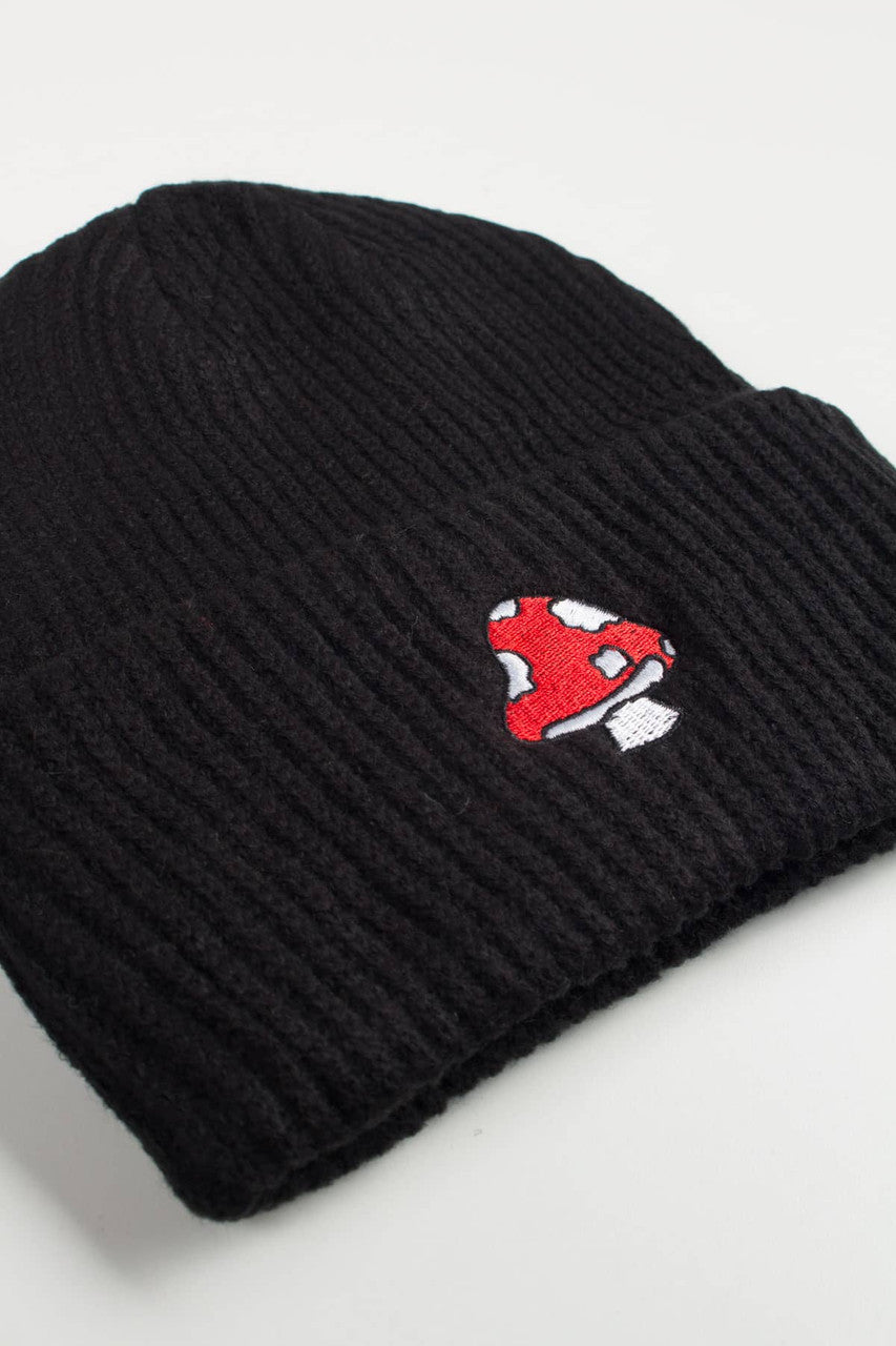 Mushroom Embroidered Black Beanie