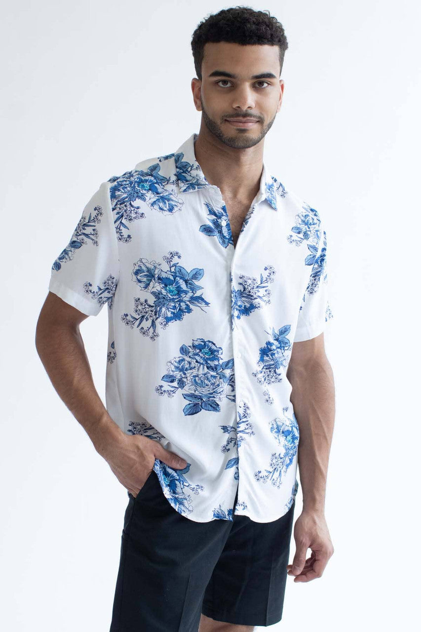 Indigo Watercolor Floral Button Up Shirt