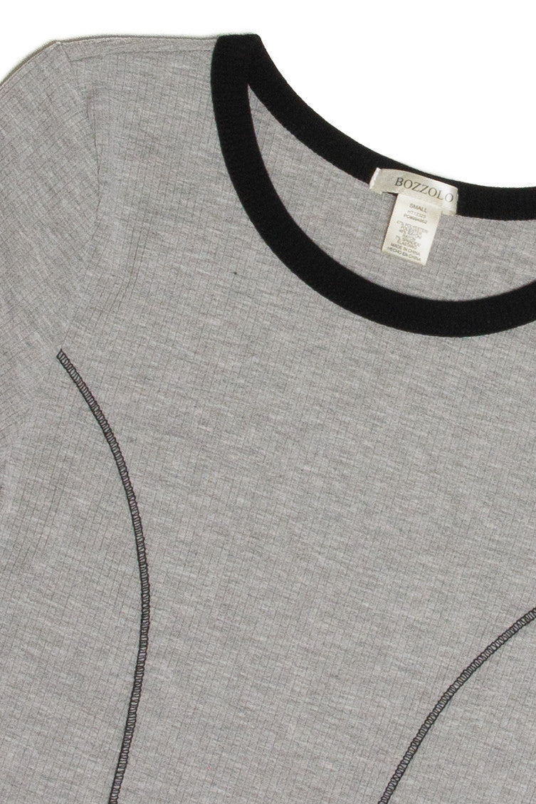 Gray Ribbed Contrast Seams Ringer Tee