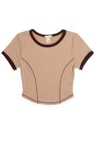 Brown Ribbed Contrast Seams Ringer Tee