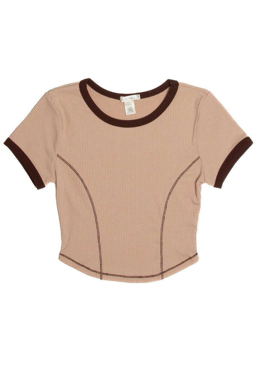 Brown Ribbed Contrast Seams Ringer Tee
