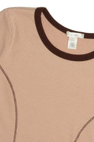 Brown Ribbed Contrast Seams Ringer Tee