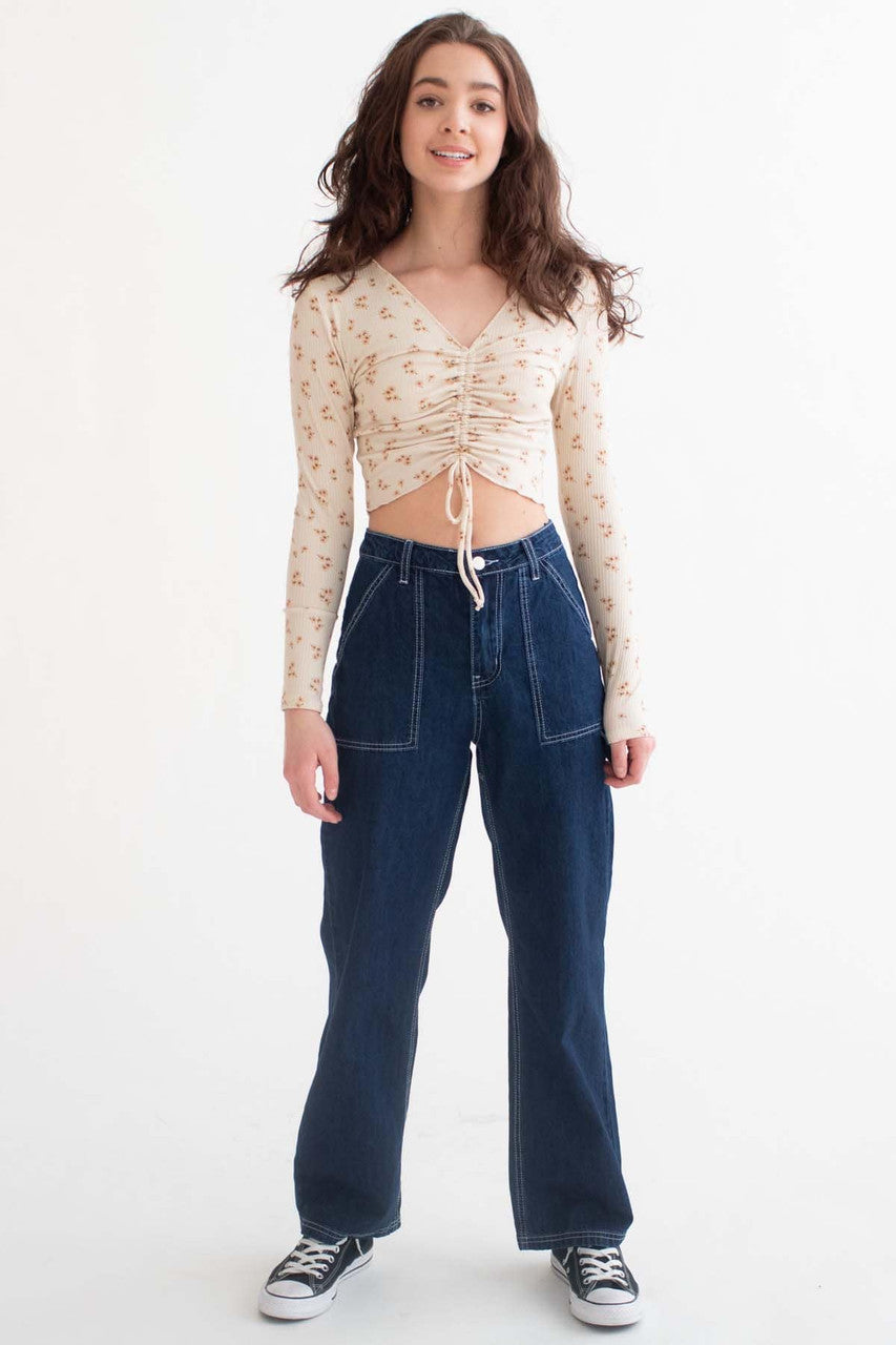 Ivory Daisy Ruched Front Long Sleeve Top