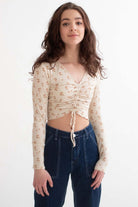 Ivory Daisy Ruched Front Long Sleeve Top