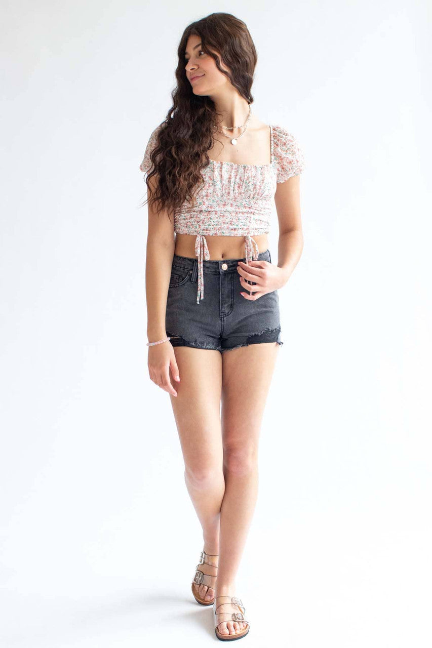 Ivory Floral Milkmaid Cinched Cropped Top