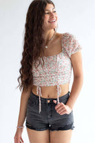 Ivory Floral Milkmaid Cinched Cropped Top