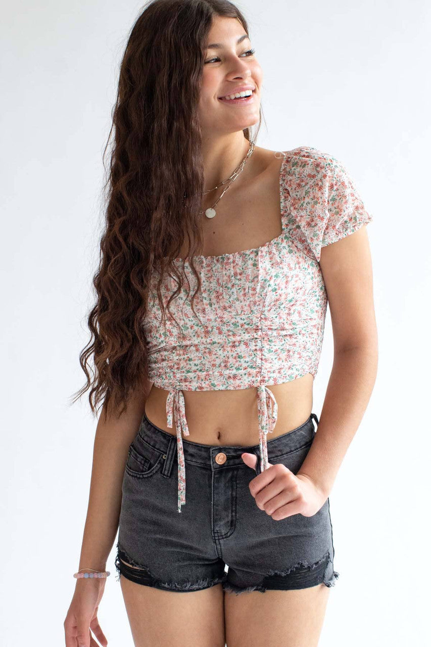 Ivory Floral Milkmaid Cinched Cropped Top