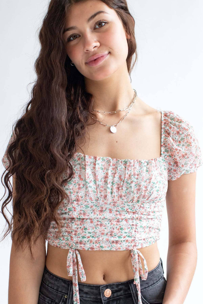 Ivory Floral Milkmaid Cinched Cropped Top