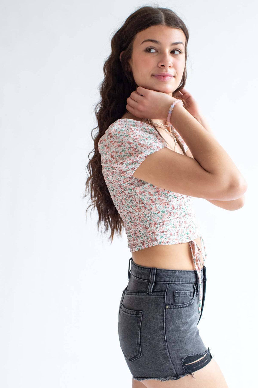 Ivory Floral Milkmaid Cinched Cropped Top