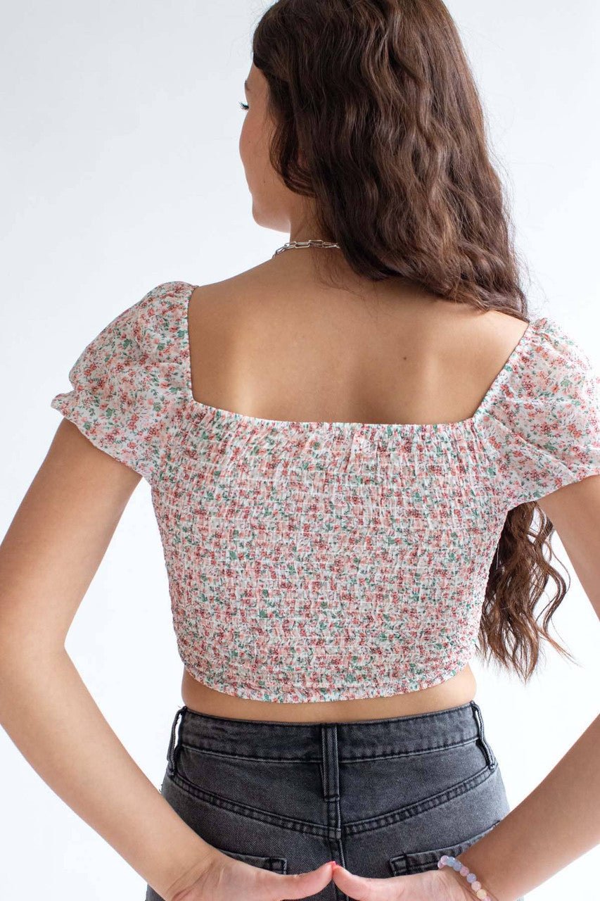 Ivory Floral Milkmaid Cinched Cropped Top