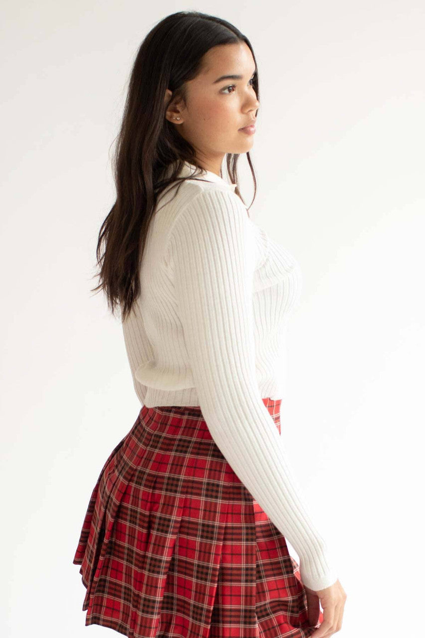 Ivory Ribbed Collared Cardigan
