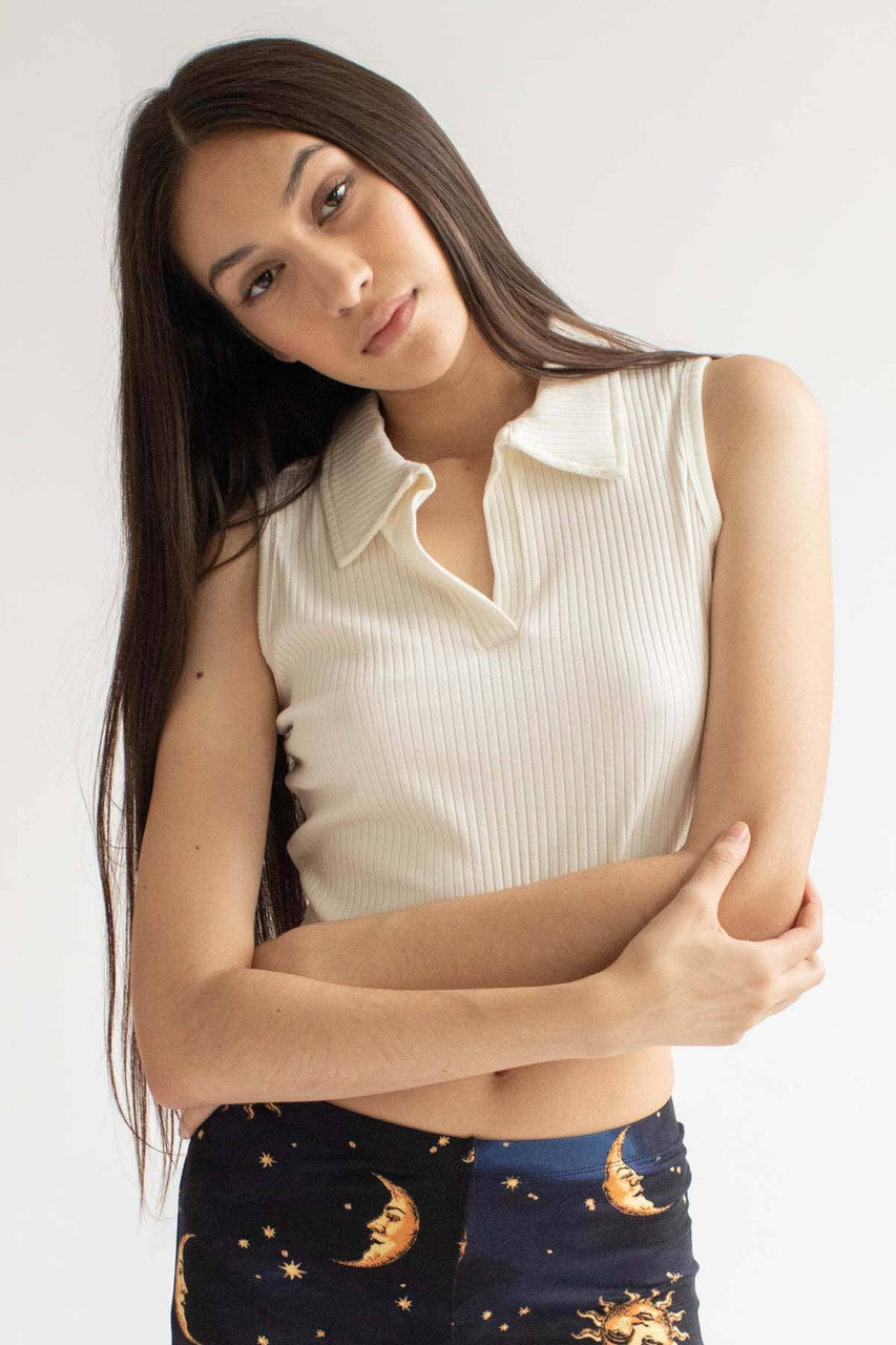 White Ribbed Sleeveless Polo