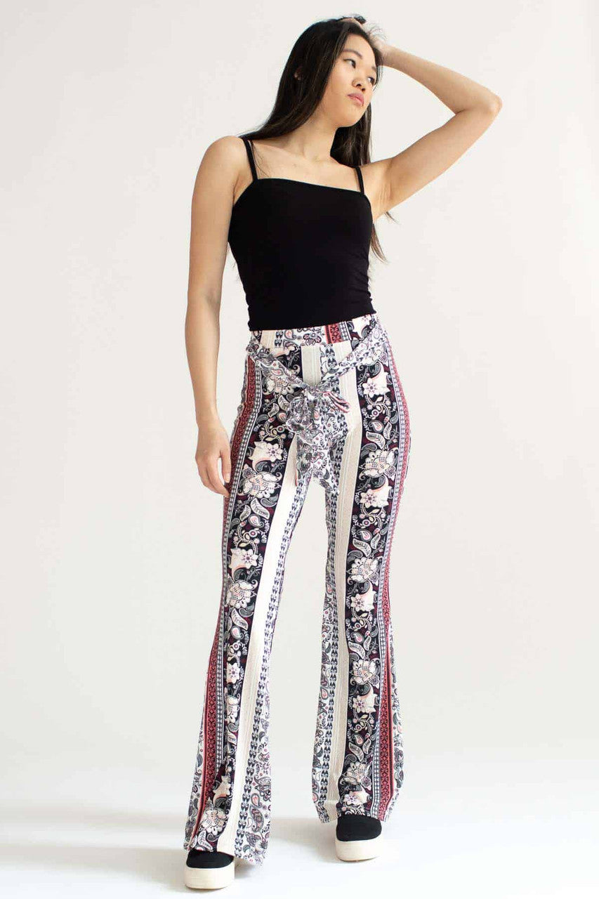 Khaki & Pink 70s Print Tie Waist Bell Bottoms