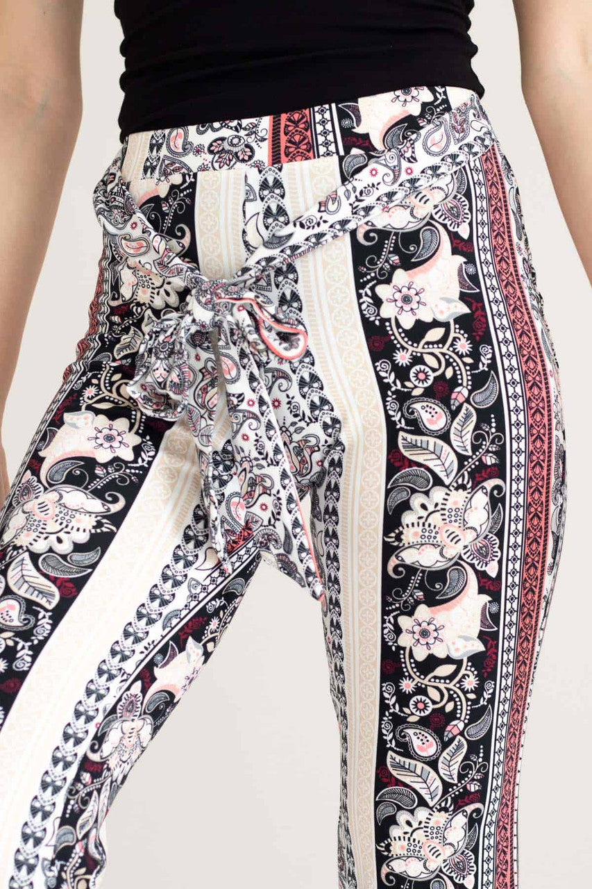 Khaki & Pink 70s Print Tie Waist Bell Bottoms