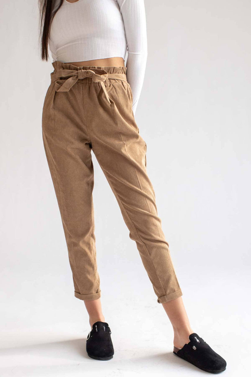 Khaki Belted Paper Bag Waist Corduroy Pants