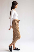 Khaki Belted Paper Bag Waist Corduroy Pants