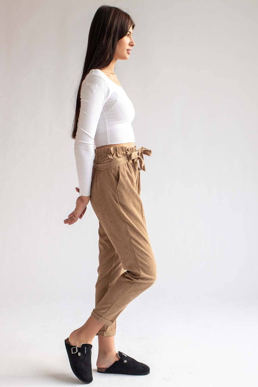 Khaki Belted Paper Bag Waist Corduroy Pants