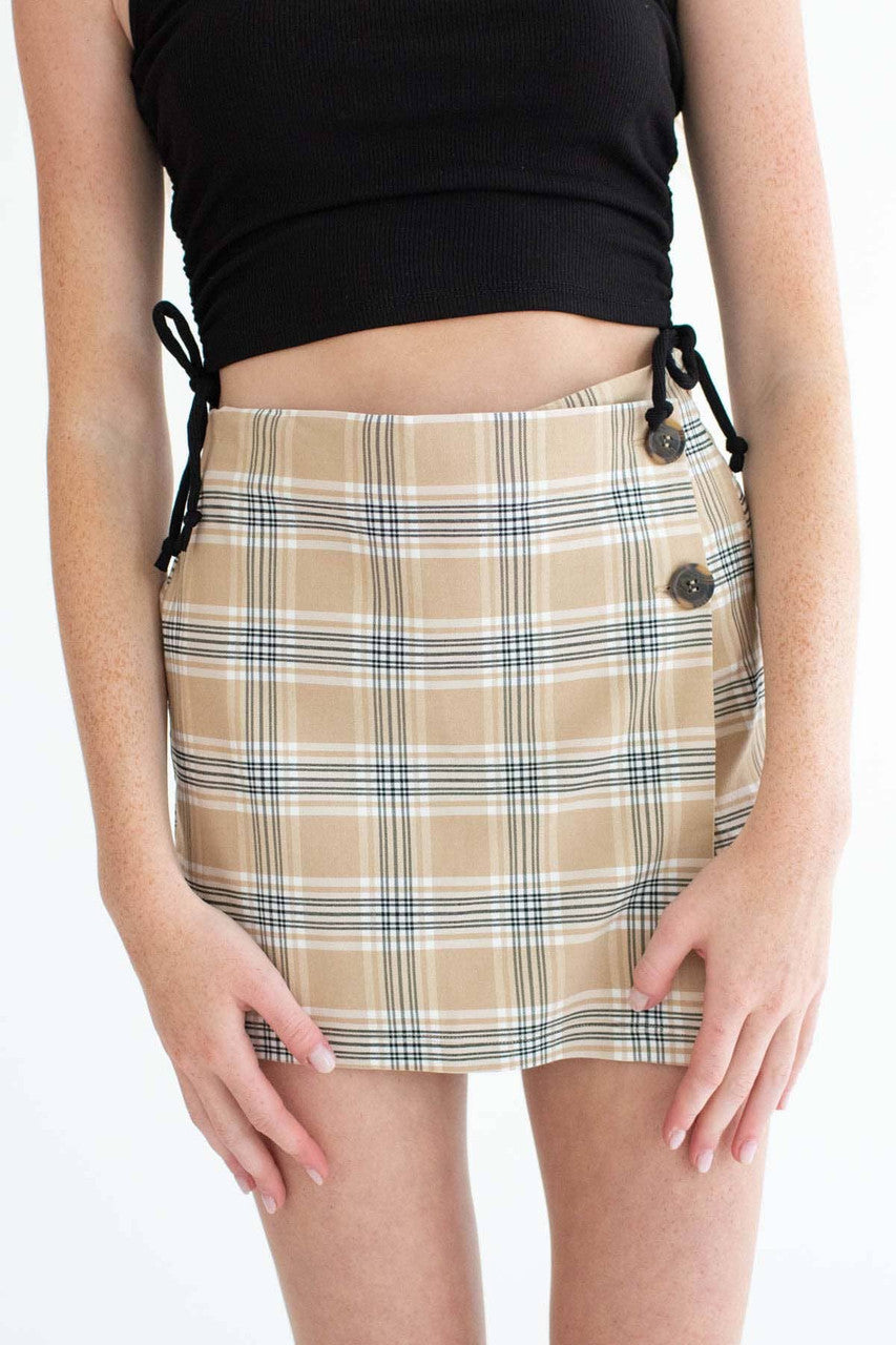 Khaki Plaid Stretch Skort