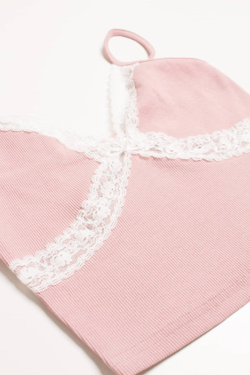 Pink Lace Trim Crop Cami