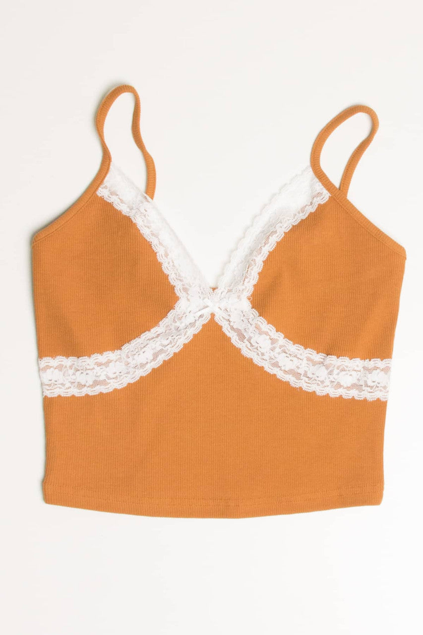 Caramel Lace Trim Crop Cami